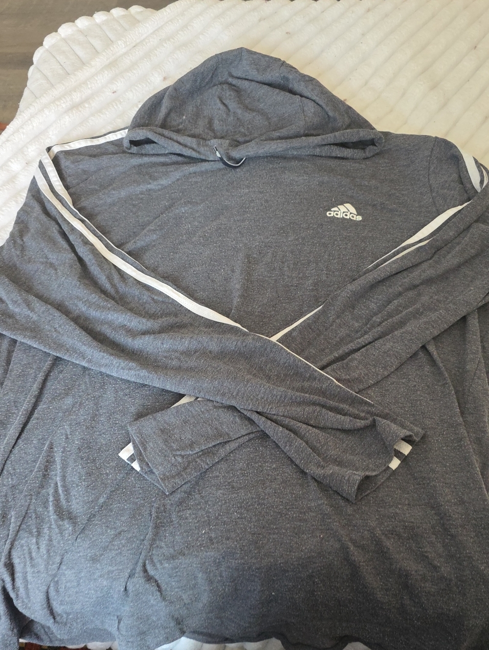 adidas Men’s Heather Charcoal Hooded Pullover with White Stripes